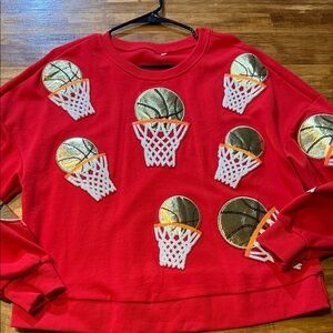 Basketball Red & Gold Sequined and Sparkles Sweatshirt Queen of the Court Sz M